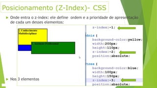 Posicionamento (Z-Index)- CSS
 Onde entra o z-index: ele define ordem e a prioridade de apresentação
de cada um desses elementos:
 Nos 3 elementos
 
