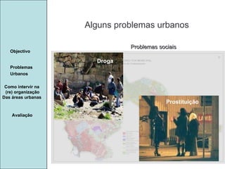 Manuela Santos Alguns problemas urbanos Avaliação Objectivo Problemas Urbanos   Como intervir na  (re) organização Das áreas urbanas  Problemas sociais Droga Prostituição 