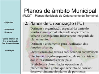 Manuela Santos Planos de âmbito Municipal (PMOT – Planos Municipais de Ordenamento do Território) Avaliação Objectivo Problemas Urbanos   Como intervir na  (re) organização Das áreas urbanas  2. Planos de Urbanização (PU) Definem a organização espacial da parte do território municipal integrada no perímetro urbano que exija uma intervenção integrada de planeamento; Definem o zonamento para localização das funções urbanas; Identificação das áreas a recuperar ou reconverter; Efectuar o traçado esquemático da rede viária e das infra-estruturas principais; Estabelecer sub-unidades operativas de planeamento e gestão que servirão de base ao desenvolvimento de planos de pormenor. 