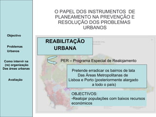 Manuela Santos O PAPEL DOS INSTRUMENTOS  DE  PLANEAMENTO NA PREVENÇÃO E  RESOLUÇÃO DOS PROBLEMAS  URBANOS Avaliação Objectivo Problemas Urbanos   Como intervir na  (re) organização Das áreas urbanas  REABILITAÇÃO URBANA PER – Programa Especial de Realojamento Pretende erradicar os bairros de lata Das Áreas Metropolitanas de  Lisboa e Porto (posteriormente alargado a todo o país) OBJECTIVOS: Realojar populações com baixos recursos económicos 