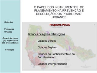 Manuela Santos O PAPEL DOS INSTRUMENTOS  DE  PLANEAMENTO NA PREVENÇÃO E  RESOLUÇÃO DOS PROBLEMAS  URBANOS Avaliação Objectivo Problemas Urbanos   Como intervir na  (re) organização Das áreas urbanas  Grandes desígnios estratégicos Cidades Verdes Cidades Digitais Cidades do Conhecimento e do Entretenimento Cidades Intergeracionais Programa POLIS 