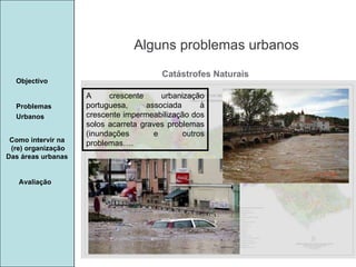 Manuela Santos Alguns problemas urbanos Avaliação Objectivo Problemas Urbanos   Como intervir na  (re) organização Das áreas urbanas  A crescente urbanização portuguesa, associada à crescente impermeabilização dos solos acarreta graves problemas (inundações e outros problemas…. Catástrofes Naturais 
