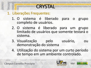 CRYSTAL
1. Liberações Frequentes:
1. O sistema é liberado para o grupo
completo de usuários.
2. O sistema é liberado para um grupo
limitado de usuários que somente testará o
sistema.
3. Visualização pelo usuário, ou
demonstração do sistema
4. Utilização do sistema por um curto período
de tempo em um ambiente controlado.
 