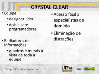 CRYSTAL CLEAR
• Equipe:
• designer líder
• dois a sete
programadores
• Radiadores de
Informações:
• quadros e murais à
vista de toda a
equipe
• Acesso fácil a
especialistas de
domínio
• Eliminação de
distrações
 