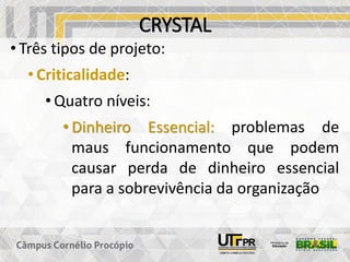 CRYSTAL
• Três tipos de projeto:
• Criticalidade:
• Quatro níveis:
• Dinheiro Essencial: problemas de
maus funcionamento que podem
causar perda de dinheiro essencial
para a sobrevivência da organização
 
