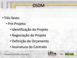DSDM
• Três fases:
• Pré-Projeto:
• Identificação do Projeto
• Negociação do Projeto
• Definição do Orçamento
• Assinatura do Contrato
 