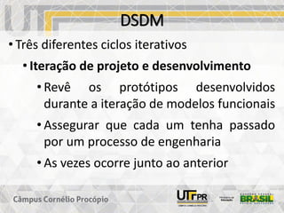 DSDM
• Três diferentes ciclos iterativos
• Iteração de projeto e desenvolvimento
• Revê os protótipos desenvolvidos
durante a iteração de modelos funcionais
• Assegurar que cada um tenha passado
por um processo de engenharia
• As vezes ocorre junto ao anterior
 