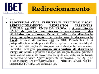 Redirecionamento 
• STJ 
• PROCESSUAL CIVIL. TRIBUTÁRIO. EXECUÇÃO FISCAL. 
REDIRECIONAMENTO. REQUISITOS PRESENTES. 
SÚMULA 435/STJ. ÔNUS DA PROVA. 1. A certidão do 
oficial de justiça que atestou o encerramento das 
atividades no endereço fiscal é indício de dissolução 
irregular apto a ensejar o redirecionamento da execução 
fiscal. Exegese da Súmula 435 do STJ. Precedentes. 2. A 
jurisprudência adotada por esta Corte esposa o mesmo sentido, de 
que a não localização da empresa no endereço fornecido como 
domicílio fiscal gera presunção iuris tantum de dissolução 
irregular. Assim, é possível a responsabilização do sócio-gerente a 
quem caberá o ônus de provar não ter agido com dolo, culpa, fraude 
ou excesso de poder. Agravo regimental improvido. (STJ; AgRg no 
REsp 1339995/BA; 2012/0176469-0; HUMBERTO MARTINS; T2 - 
SEGUNDA TURMA; DJe 10/10/2012). 
 