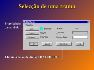 Selecção de uma trama
Propriedades
da entidade

Chama a caixa de diálogo HATCHEDIT

 
