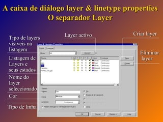 A caixa de diálogo layer & linetype properties
O separador Layer
Tipo de layers
visíveis na
listagem
Listagem de
Layers e
seus estados
Nome do
layer
seleccionado
Cor
Tipo de linha

Layer activo

Criar layer
Eliminar
layer

 