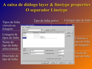 A caixa de diálogo layer & linetype properties
O separador Linetype
Tipos de linha
visíveis na
listagem
Listagem de
tipos de linha
Nome do
tipo de linha
seleccionado
Descrição do
tipo de linha

Tipo de linha activo

Carregar tipo de linha

Eliminar o
tipo de linha
da listagem
Escala do
tipo de linha

 