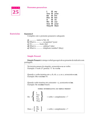 A U L A
25
Pronomes possessivos
IIIII ®®®®® mymymymymy
YouYouYouYouYou ®®®®® youryouryouryouryour
HeHeHeHeHe ®®®®® hishishishishis
SheSheSheSheShe ®®®®® herherherherher
ItItItItIt ®®®®® itsitsitsitsits
WeWeWeWeWe ®®®®® ourourourourour
YouYouYouYouYou ®®®®® youryouryouryouryour
TheyTheyTheyTheyThey ®®®®® theirtheirtheirtheirtheir
Exercício 3Exercício 3Exercício 3Exercício 3Exercício 3
Complete com o pronome possessivo adequado:
a)a)a)a)a) ............... name is Nei. (I)
b)b)b)b)b) What is ............... occupation? (you)
c)c)c)c)c) It’s ............... book. (he)
d)d)d)d)d) What is ............... address? (she)
e)e)e)e)e) What is ............... telephone number? (they)
Simple Present
Simple PresentSimple PresentSimple PresentSimple PresentSimple Present éotempoverbalqueequivaleaopresentedoindicativoem
português.
Na terceira pessoa do singular, acrescenta-se sssss ao verbo.
Exemplo: I work (1ª pessoa) ® he worksssss
Quando o verbo termina em s, ch, sh, x, o, ou z, acrescenta-se eseseseses.
Exemplo: She watcheseseseses TV.
Quando verbo termina em consoante + y, acrescenta-se iesiesiesiesies.
Exemplo: He studiesiesiesiesies French.
FORMAFORMAFORMAFORMAFORMA INTERROGATIVAINTERROGATIVAINTERROGATIVAINTERROGATIVAINTERROGATIVA DODODODODO SIMPLESIMPLESIMPLESIMPLESIMPLE PRESENTPRESENTPRESENTPRESENTPRESENT
I
You
Do + We + verbo + complemento + ?
You
They
He
Does + She + verbo + complemento + ?
It
Exercícios
{
{ }
}
 