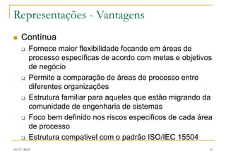 10/17/2023 11
Representações - Vantagens
 Contínua
 Fornece maior flexibilidade focando em áreas de
processo específicas de acordo com metas e objetivos
de negócio
 Permite a comparação de áreas de processo entre
diferentes organizações
 Estrutura familiar para aqueles que estão migrando da
comunidade de engenharia de sistemas
 Foco bem definido nos riscos especificos de cada área
de processo
 Estrutura compativel com o padrão ISO/IEC 15504
 