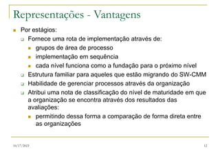 10/17/2023 12
Representações - Vantagens
 Por estágios:
 Fornece uma rota de implementação através de:
 grupos de área de processo
 implementação em sequência
 cada nível funciona como a fundação para o próximo nível
 Estrutura familiar para aqueles que estão migrando do SW-CMM
 Habilidade de gerenciar processos através da organização
 Atribui uma nota de classificação do nível de maturidade em que
a organização se encontra através dos resultados das
avaliações:
 permitindo dessa forma a comparação de forma direta entre
as organizações
 