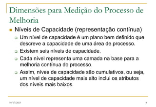 10/17/2023 14
Dimensões para Medição do Processo de
Melhoria
 Níveis de Capacidade (representação contínua)
 Um nível de capacidade é um plano bem definido que
descreve a capacidade de uma área de processo.
 Existem seis níveis de capacidade.
 Cada nível representa uma camada na base para a
melhoria contínua do processo.
 Assim, níves de capacidade são cumulativos, ou seja,
um nível de capacidade mais alto inclui os atributos
dos níveis mais baixos.
 
