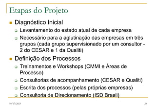 10/17/2023 28
Etapas do Projeto
 Diagnóstico Inicial
 Levantamento do estado atual de cada empresa
 Necessário para a aglutinação das empresas em três
grupos (cada grupo supervisionado por um consultor -
2 do CESAR e 1 da Qualiti)
 Definição dos Processos
 Treinamentos e Workshops (CMMI e Áreas de
Processo)
 Consultorias de acompanhamento (CESAR e Qualiti)
 Escrita dos processos (pelas próprias empresas)
 Consultoria de Direcionamento (ISD Brasil)
 