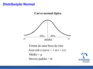 Distribuição Normal

                    Curva normal típica




                         50%      50%
            ∞                média                 ∞

                Forma de uma boca de sino
                Área sob a curva = 1 (0,5 + 0,5)
                Média = µ
                Desvio padrão = σ
 