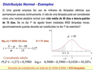 Distribuição Normal - Exemplos
2) Uma grande empresa faz uso de milhares de lâmpadas elétricas que
permanecem acessas continuamente. A vida de uma lâmpada pode ser considerada
como uma variável aleatória normal com vida média de 50 dias e desvio-padrão
de 15 dias. Se no dia 1º de agosto foram instaladas 8000 lâmpadas novas,
aproximadamente quantas deverão ser substituídas no dia 1º de setembro?
                                            f(x)


                                                             µ = 50
N(µ,σ) = N(50;15) dias        X = 31 dias

      X − µ 31 − 50
 z=        =        = −1,27
       σ      15
                                                     20 31 35                  X

 Consultando tabela:                                 -1,27      0              Z

P ( Z ≤ −1,27) = 0,3980 log o 0,5000 − 0,3980 = 0,1020 = 10,20%
      Deverão ser substituídas um total de (0,1020x 8.000) = 816 lâmpadas
 