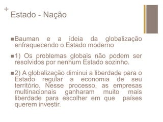 + 
Estado - Nação 
Bauman e a ideia da globalização 
enfraquecendo o Estado moderno 
1) Os problemas globais não podem ser 
resolvidos por nenhum Estado sozinho. 
2) A globalização diminui a liberdade para o 
Estado regular a economia de seu 
território. Nesse processo, as empresas 
multinacionais ganharam muito mais 
liberdade para escolher em que países 
querem investir. 
 