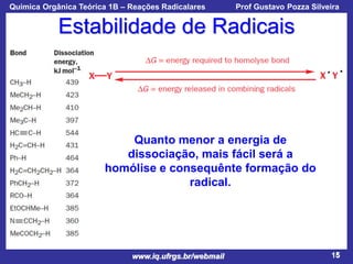 Química Orgânica Teórica 1B – Reações Radicalares

Prof Gustavo Pozza Silveira

Estabilidade de Radicais

Quanto menor a energia de
dissociação, mais fácil será a
homólise e consequênte formação do
radical.

www.iq.ufrgs.br/webmail

15

 