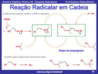 Química Orgânica Teórica 1B – Reações Radicalares

Prof Gustavo Pozza Silveira

Reação Radicalar em Cadeia

Etapa de propagação

www.iq.ufrgs.br/webmail

20

 