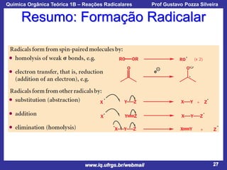 Química Orgânica Teórica 1B – Reações Radicalares

Prof Gustavo Pozza Silveira

Resumo: Formação Radicalar

www.iq.ufrgs.br/webmail

27

 