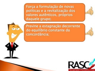 Força a formulação de novas
políticas e a revitalização dos
valores autênticos, próprios
daquele grupo;
Previne a estagnação decorrente
do equilíbrio constante da
concordância;
 