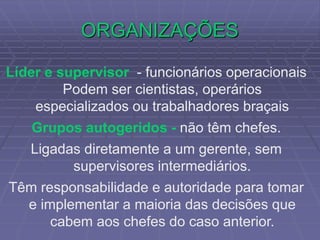 ORGANIZAÇÕES
Líder e supervisor - funcionários operacionais
Podem ser cientistas, operários
especializados ou trabalhadores braçais
Grupos autogeridos - não têm chefes.
Ligadas diretamente a um gerente, sem
supervisores intermediários.
Têm responsabilidade e autoridade para tomar
e implementar a maioria das decisões que
cabem aos chefes do caso anterior.
 