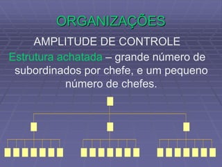 ORGANIZAÇÕES
AMPLITUDE DE CONTROLE
Estrutura achatada – grande número de
subordinados por chefe, e um pequeno
número de chefes.
 