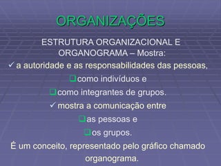 ORGANIZAÇÕES
ESTRUTURA ORGANIZACIONAL E
ORGANOGRAMA – Mostra:
 a autoridade e as responsabilidades das pessoas,
como indivíduos e
como integrantes de grupos.
 mostra a comunicação entre
as pessoas e
os grupos.
É um conceito, representado pelo gráfico chamado
organograma.
 