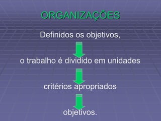 ORGANIZAÇÕES
Definidos os objetivos,
o trabalho é dividido em unidades
critérios apropriados
objetivos.
 
