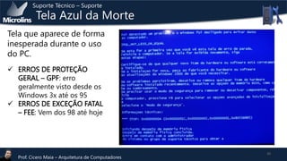 Suporte Técnico – Suporte

Tela Azul da Morte

Tela que aparece de forma
inesperada durante o uso
do PC.
 ERROS DE PROTEÇÃO
GERAL – GPF: erro
geralmente visto desde os
Windows 3x até os 95
 ERROS DE EXCEÇÃO FATAL
– FEE: Vem dos 98 até hoje

Prof. Cicero Maia – Arquitetura de Computadores

10

 