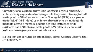 Suporte Técnico – Suporte

Tela Azul da Morte

Como funciona: Quando ocorre uma Operação Ilegal o próprio S.O
tenta se corrigir, quando não consegue ele lança uma interrupção NMI.
Neste ponto o Windows sai do modo “Protegido” (IA32) e vai para o
modo “REAL” (x86-16bits) usando um chaveamento de mudança de
modo de acesso a memória (legado dos i386 instruções ainda
existentes nas CPUs atuais), neste ponto o Windows está em modo
texto e a mensagem pode ser exibida na tela.
Na tela tem um conjunto de informações, como “Ocorreu um erro fatal
em XXXX:YYYY”.

Prof. Cicero Maia – Arquitetura de Computadores

12

 
