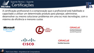 Suporte Técnico – Suporte

Certificações

A certificação profissional é a comprovação que o profissional está habilitado e
capacitado a utilizar um determinado produto para planejar, administrar,
desenvolver ou mesmo solucionar problemas em uma ou mais tecnologias, com o
máximo de eficiência e menores custos

Prof. Cicero Maia – Arquitetura de Computadores

16

 