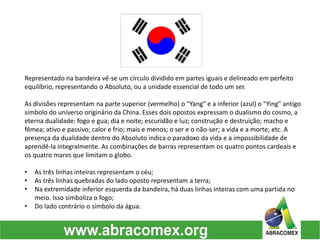 Representado na bandeira vê-se um círculo dividido em partes iguais e delineado em perfeito
equilíbrio, representando o Absoluto, ou a unidade essencial de todo um ser.
As divisões representam na parte superior (vermelho) o "Yang" e a inferior (azul) o "Ying" antigo
símbolo do universo originário da China. Esses dois opostos expressam o dualismo do cosmo, a
eterna dualidade: fogo e gua; dia e noite; escuridão e luz; construção e destruição; macho e
fêmea; ativo e passivo; calor e frio; mais e menos; o ser e o não-ser; a vida e a morte; etc. A
presença da dualidade dentro do Absoluto indica o paradoxo da vida e a impossibilidade de
aprendê-la integralmente. As combinações de barras representam os quatro pontos cardeais e
os quatro mares que limitam o globo.
• As três linhas inteiras representam o céu;
• As três linhas quebradas do lado oposto representam a terra;
• Na extremidade inferior esquerda da bandeira, há duas linhas inteiras com uma partida no
meio. Isso simboliza o fogo;
• Do lado contrário o símbolo da água.
 