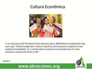 Cultura Econômica
In an interview with The Korea Times' Business Focus, BMW Korea President Kim Hyo-
joon said, "Trends change fast in Korea's industries and consumers respond to new
products immediately. It's a market where companies can quickly learn if a new
product or service will thrive or fail."
Anexo 5
 