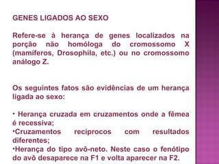 GENES LIGADOS AO SEXO
Refere-se à herança de genes localizados na
porção não homóloga do cromossomo X
(mamíferos, Drosophila, etc.) ou no cromossomo
análogo Z.
Os seguintes fatos são evidências de um herança
ligada ao sexo:
• Herança cruzada em cruzamentos onde a fêmea
é recessiva;
•Cruzamentos
recíprocos
com
resultados
diferentes;
•Herança do tipo avô-neto. Neste caso o fenótipo
do avô desaparece na F1 e volta aparecer na F2.

 