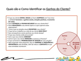 Quais são e Como Identificar os Ganhos do Cliente?
 O que seu cliente ESPERA, DESEJA ou ficaria SURPRESO com? Isso inclui
a utilidade funcional, os ganhos sociais, emoções positivas, e economia
de custos.
 Quais ESFORÇOS de POUPAR RECURSOS faria seu cliente feliz?
 Quais RESULTADOS o seu cliente espera e o que superaria estas
expectativas?
 Como é que as soluções atuais ENCANTAM o seu cliente?
 O que torna o trabalho ou a vida do seu cliente MAIS FÁCIL?
 Que consequências sociais positivas seu cliente deseja?
 O que seus clientes estão procurando?
 Com o que seus clientes SONHAM?
 Como é que o seu cliente MENSURA o sucesso e o fracasso?
 O que aumentaria a PROBABILIDADE DE ADOÇÃO de uma solução?
 Após responder estas perguntas, faça um RANKING de FREQUÊNCIA E
IMPORTÂNCIA cada atividade, além de indicar o CONTEXTO em que
estas atividades acontecem.
 