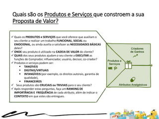 Quais são os Produtos e Serviços que constroem a sua
Proposta de Valor?
 Quais os PRODUTOS e SERVIÇOS que você oferece que auxiliam o
seu cliente a realizar um trabalho FUNCIONAL, SOCIAL ou
EMOCIONAL, ou ainda auxilia a satisfazer as NECESSIDADES BÁSICAS
deles?
 ONDE seu produto é utilizado na CADEIA DE VALOR do cliente?
 QUAIS dos seus produtos ajudam o seu cliente a EXECUTAR as
funções de Comprador, influenciador, usuário, decisor, co-criador?
 Produtos e serviços podem ser:
 TANGÍVEIS
 DIGITAIS/VIRTUAIS
 INTANGÍVEIS (por exemplo, os direitos autorais, garantia de
qualidade),
 FINANCEIROS
 Seus produtos são CRUCIAIS ou TRIVIAIS para o seu cliente?
 Após responder estas perguntas, faça um RANKING DE
IMPORTÂNCIA E FREQUÊNCIA de cada atributo, além de indicar o
CONTEXTO em que estes são entregues.
 