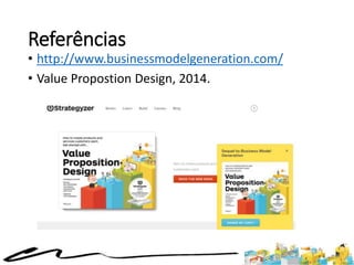 Referências
• http://www.businessmodelgeneration.com/
• Value Propostion Design, 2014.
 