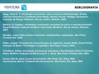 BIBLIOGRAFIA
Begg, Savid K. H. Introdução à economia: para cursos de Administração, Direito,
Ciências Humanas e Contábeis/ David Begg, Stanley Fischer, Rudiger Dornbusch;
tradução de Helaga Hoffmann. Rio de Janeiro: Elsevier, 2003.
Mankiw, N. Gregory. Introdução à economia: princípios de micro e macroeconomia/N.
Gregori Mankiw; tradução de Maria José Cyhlar Monteiro. Rio de Janeiro: Elsevier,
2001.
Mendes, Judas Tadeu Grassi. Economia: fundamentos e aplicações. São Paulo:
Prentice Hall, 2004.
Nellis, Joseph. Princípios de economia para os negócios/ Joseph Nellis, David Parker;
tradução de Bazan Tecnologia e Lingüística. São Paulo: Futura, 2003.
O´Sullivan, Arthur. Introdução à economia: princípios e ferramentas/ Arthur O´Sullivan,
Steve, Sheffrin; tradução de Maria Lúcia G. L. Rosa. São Paulo: Prentice Hall, 2004.
Souza, Nali de Jesus. Curso de economia. São Paulo: Ed. Atlas, 2003.
Vasconcelos, Marco. Fundamentos de economia. São Paulo: Edi. Atlas, 2004.
 