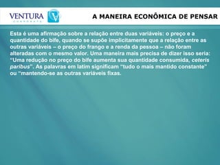 A MANEIRA ECONÔMICA DE PENSAR
Esta é uma afirmação sobre a relação entre duas variáveis: o preço e a
quantidade do bife, quando se supõe implicitamente que a relação entre as
outras variáveis – o preço do frango e a renda da pessoa – não foram
alteradas com o mesmo valor. Uma maneira mais precisa de dizer isso seria:
“Uma redução no preço do bife aumenta sua quantidade consumida, ceteris
paribus”. As palavras em latim significam “tudo o mais mantido constante”
ou “mantendo-se as outras variáveis fixas.
 