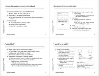 Formato da caixa de mensagens (mailbox)                                                                                                            Mensagem de correio eletrônico

                                                             ! Formato da mailbox serve para delimitar e-mails:                                                                                                                                     ! Mensagem possui envelope, cabeçalho e corpo
                                                                                                                                                                                                                     Cabeçalho
                                                                   ! MMDF, BABYL, MH, qmail, maildir, .mbx, etc...                                                                                                                                     ! Formato simples
                                                                                                                                                                                                                      [palavra-chave: informação]           ! Texto ASCII separado em duas partes por
                                                             ! Uma mailbox é um arquivo (ou diretório)
                                                                                                                                                                                                                                 ....                         uma linha em branco (CR/LF)
                                                                   ! Em UNIX, normalmente são armazenados nos diretórios /usr/spool/mail e
                                                                                                                                                                                                                                                    ! Informações:
                                                                     /var/mail                                                                                                                                        [palavra-chave: informação]
                                                                                                                                                                                                                                                       ! Remetente, receptor, data, formato do
                                                             ! Novos e-mails:                                                                                                                                                                              conteúdo, etc.
Instituto de Informática - UFRGS




                                                                                                                                                   Instituto de Informática - UFRGS
                                                                                                                                                                                                                      Linha em branco (CR/LF)
                                                                   ! São inseridos no final do arquivo de mailbox                                                                                                                                           ! Ex.: To, cc, Bcc, From, Sender, Received,
                                                                   ! Formam um novo arquivo (maildir)                                                                                                                                                         Return-path, Reply-to, Subject,...
                                                                                                                                                                                                                               Corpo
                                                                                                                                                                                                                                                    ! Corpo:
                                                                   ! Ler e-mail → ler o arquivo de mailbox
                                                                                                                                                                                                                                                       ! Conteúdo da mensagem
                                   A. Carissimi -7-déc.-09




                                                                                                                                                                                      A. Carissimi -7-déc.-09
                                                                                                                                                                                                                                                    ! Software de e-mail interpreta palavra-chave
                                                                                                                                                                                                                                                         ! Se não reconhece, passa para próxima


                                                             Redes de Computadores                                                            9                                                                  Redes de Computadores                                                                     10




                                       Padrão MIME                                                                                                                                        Especificação MIME

                                                             ! Projeto original previa somente texto em ASCII                                                                                                   ! Adiciona 5 novos cabeçalhos
                                                                   ! Necessidade de enviar dados binários (binário, imagem, aúdio etc)                                                                              ! MIME-Version: informa destino o uso do
                                                                                                                                                                                                                      formato MIME e sua versão
                                                             ! Codificação de dados binários em ASCII
                                                                                                                                                                                                                    ! Content-Description: string que informa o
                                                                   ! Remetente codifica e o receptor faz a decodificação                                                                                              conteúdo da mensagem                            MIME                     MIME
                                                             ! Multipurpose Internet Mail Extensions (MIME)                                                                                                         ! Content-Id: identificador da mensagem              ASC-II                   ASC-II
                                                                   ! Forma para coordenar e unificar a codificação e decodificação de dados                                                                         ! Content-Transfer-Encoding: código do                        ASC-II
                                                                                                                                                                                                                                                                      SMTP                     SMTP
Instituto de Informática - UFRGS




                                                                                                                                                   Instituto de Informática - UFRGS




                                                                   ! Inclusão de palavras-chaves adicionais no cabeçalho                                                                                              corpo da mensagem
                                                                      ! Indica que MIME está sendo usado                                                                                                                ! ASCII (7 bits), ASCII 8-bits, base64,
                                                                      ! Definição da codificação a ser usado                                                                                                              quoted-printable                         MIME-version: 1.1
                                                                                                                                                                                                                    ! Content-Type: natureza do corpo da           Content-type: type/subtype; boundary=xxxx
                                                                      ! Divisão do corpo da mensagem em partes e definição de como eles
                                   A. Carissimi -7-déc.-09




                                                                                                                                                                                      A. Carissimi -7-déc.-09




                                                                                                                                                                                                                      mensagem                                     Content-transfer-encoding: image/jpeg
                                                                         devem ser codificados e decodificados independentemente
                                                                                                                                                                                                                        ! texto,imagem, audio, vídeo, multipart,   Content-Id: 67824
                                                                                                                                                                                                                          etc...                                   Content-description: jpeg image



                                                             Redes de Computadores                                                            11                                                                 Redes de Computadores                                                                     12
 