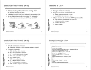 Simple Mail Transfer Protocol (SMTP)                                                                                                                   Problemas do SMTP

                                                             ! Protocolo de aplicação baseando na troca de strings ASCII                                                                                            ! Mensagem enviada em texto claro
                                                                   ! Mensagens passam em texto aberto                                                                                                               ! Não possui mecanismo de autenticação forte
                                                             ! Usado para transferir e-mail entre MUA e MTA ou entre dois MTAs.                                                                                           ! Qualquer usuário acesso servidor de e-mail
                                                             ! Serviço disponível através de uma conexão TCP na porta 25                                                                                                  ! Possibilidade de forjar endereços de origem
                                                                   ! Existe um daemon que atende na porta 25/TCP e que “fala”” SMTP                                                                                 ! Soluções possíveis são externas ao SMTP. Alguns exemplos:
Instituto de Informática - UFRGS




                                                                                                                                                       Instituto de Informática - UFRGS
                                                                                                                                                                                                                          !   Aceitar mensagens de máquinas de uma mesma rede
                                                                                                                                                                                                                          !   Verificar a existência de mensagem
                                                                                                smtp                              smtp                                                                                    !   Consultas a DNS reverso
                                                                                              (porta 25)          SMTP          (porta 25)
                                                                                          SMTP                                                                                                                            !   Cifragem de dados
                                   A. Carissimi -7-déc.-09




                                                                                                                                                                                          A. Carissimi -7-déc.-09
                                                                                          Servidor e-mail local          Servidor e-mail remoto


                                                             Redes de Computadores                                                                17                                                                Redes de Computadores                                                 18




                                       Simple Mail Transfer Protocol (SMTP)                                                                                                                   Exemplo de interação SMTP

                                                             ! Conjunto de comandos e respostas
                                                                                                                                                                                                                      S: 220 mail.acme.com
                                                                   ! Composto por mensagens de texto e códigos de comandos e respostas
                                                                                                                                                                                                                      C: HELO mail.inf.ufrgs.br
                                                             ! Comandos do protocolo                                                                                                                                  S: 250 mail.acme.com Hello mail.inf.ufrgs.br, pleased to meet you

                                                                   !   HELO – identifica o cliente ao servidor                                                                                                        C: MAIL From: <professor@inf.ufrgs.br>
                                                                                                                                                                                                                      S: 250 <professor@inf.ufrgs.br>... Sender ok
                                                                   !   MAIL – indica o remetente da mensagem                                                                                                          C: RCPT To: <bipbip@acme.com>
                                                                   !   RCPT – informa o destinatário da mensagem
Instituto de Informática - UFRGS




                                                                                                                                                       Instituto de Informática - UFRGS




                                                                                                                                                                                                                      S: 250 <bipbip@acme.com>... Recipient ok
                                                                   !   DATA – envio o conteúdo da mensagem                                                                                                            C: DATA
                                                                                                                                                                                                                      S: 354 Enter mail, end with “.” on a line by itself
                                                                   !   QUIT – finaliza a sessão
                                                                                                                                                                                                                      C: Teste
                                                                   !   TURN – inverte a direção de envio                                                                                                              C: .
                                   A. Carissimi -7-déc.-09




                                                                                                                                                                                          A. Carissimi -7-déc.-09




                                                                                                                                                                                                                      S: 250 Message accepted for delivery
                                                                   !   RSET – aborta a transição de correio
                                                                                                                                                                                                                      C: QUIT
                                                                   !   VRFY – verifica a validade de um usuário                                                                                                       S: 221 mail.acme.com closing connection
                                                                   !   EXPN – identifica a composição de uma lista

                                                             Redes de Computadores                                                                19                                                                Redes de Computadores                                                 20
 