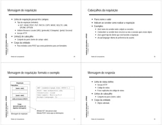 Mensagem de requisição                                                                                                                                      Cabeçalhos da requisição

                                                             ! Linha de requisição possui três campos:                                                                                                                   ! Pares nome e valor
                                                                   ! Tipo da requisição (métodos)                                                                                                                        ! Indicam ao servidor como realizar a requisição
                                                                      ! GET, HEAD, POST, PUT, PATCH, COPY, MOVE, DELETE, LINK,
                                                                                                                                                                                                                         ! Exemplos:
                                                                         UPLINK, OPTION
                                                                                                                                                                                                                               !   Host: nome do servidor onde o objeto se encontra
                                                                   ! Uniform Resource Locator (URL): [protocolo] :// [máquina] : [porta] / [recurso]
                                                                                                                                                                                                                               !   Connection: se servidor deve encerrar ou não a conexão após enviar objeto
                                                                   ! Versão HTTP
Instituto de Informática - UFRGS




                                                                                                                                                            Instituto de Informática - UFRGS
                                                                                                                                                                                                                               !   User-agent: tipo do cliente que está fazendo a requisição
                                                             ! Linha(s) de cabeçalho                                                                                                                                           !   Accept-language: idioma de preferência do usuário
                                                                   ! Conjunto de pares {nome de campo; valor}
                                                             ! Corpo da entidade
                                   A. Carissimi -7-déc.-09




                                                                                                                                                                                               A. Carissimi -7-déc.-09
                                                                   ! Para métodos como POST que envia parâmetros para um formulário




                                                             Redes de Computadores                                                                     29                                                                Redes de Computadores                                                                 30




                                       Mensagem de requisição: formato e exemplo                                                                                                                   Mensagem de resposta


                                                                     Requisição
                                                                                                                                                                                                                         ! Linha de status define:
                                                             Cabeçalhos                                                                                                                                                        ! Versão HTTP
                                                                    [nome; valor]                 GET /somedir/page.html HTTP/1.1                                                                                              ! Código de status
                                                                                                  Host: www.someschool.edu                                                                                                     ! Frase explicativa do código de status
                                                                          ....
                                                                                                  Connection: close
                                                                                                  User-agent: Mozilla/4.0
                                                                                                                                                                                                                         ! Linhas de cabeçalho
                                                                    [nome; valor]
                                                                                                                                                                                                                               ! Conjunto de pares {nome, valor}
Instituto de Informática - UFRGS




                                                                                                                                                            Instituto de Informática - UFRGS




                                                                                                  Accept-language: fr
                                                              Linha em branco (CR/LF)
                                                                                                                                                                                                                         ! Corpo da entidade
                                                                                                                                                                                                                               ! Objeto solicitado
                                                                       Corpo
                                                                (presente apenas em
                                   A. Carissimi -7-déc.-09




                                                                                                                                                                                               A. Carissimi -7-déc.-09




                                                                algumas mensagens)
                                                                                                - Método GET não possui corpo
                                                             Mensagem de requisição             - Método POST envia aqui as informações


                                                             Redes de Computadores                                                                     31                                                                Redes de Computadores                                                                 32
 
