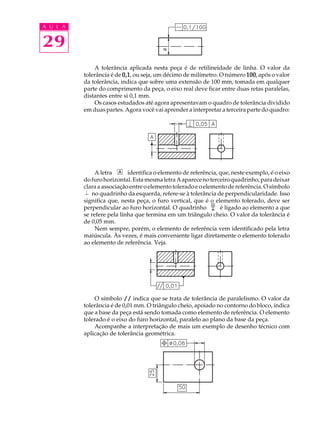 A U L A 
29 
A tolerância aplicada nesta peça é de retilineidade de linha. O valor da 
tolerância é de 0,1, ou seja, um décimo de milímetro. O número 100, após o valor 
da tolerância, indica que sobre uma extensão de 100 mm, tomada em qualquer 
parte do comprimento da peça, o eixo real deve ficar entre duas retas paralelas, 
distantes entre si 0,1 mm. 
Os casos estudados até agora apresentavam o quadro de tolerância dividido 
em duas partes. Agora você vai aprender a interpretar a terceira parte do quadro: 
A letra identifica o elemento de referência, que, neste exemplo, é o eixo 
do furo horizontal. Esta mesma letra A aparece no terceiro quadrinho, para deixar 
clara a associação entre o elemento tolerado e o elemento de referência. O símbolo 
no quadrinho da esquerda, refere-se à tolerância de perpendicularidade. Isso 
significa que, nesta peça, o furo vertical, que é o elemento tolerado, deve ser 
perpendicular ao furo horizontal. O quadrinho é ligado ao elemento a que 
se refere pela linha que termina em um triângulo cheio. O valor da tolerância é 
de 0,05 mm. 
Nem sempre, porém, o elemento de referência vem identificado pela letra 
maiúscula. Às vezes, é mais conveniente ligar diretamente o elemento tolerado 
ao elemento de referência. Veja. 
O símbolo // indica que se trata de tolerância de paralelismo. O valor da 
tolerância é de 0,01 mm. O triângulo cheio, apoiado no contorno do bloco, indica 
que a base da peça está sendo tomada como elemento de referência. O elemento 
tolerado é o eixo do furo horizontal, paralelo ao plano da base da peça. 
Acompanhe a interpretação de mais um exemplo de desenho técnico com 
aplicação de tolerância geométrica. 
 