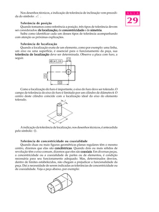 A U L A 
29 
Nos desenhos técnicos, a indicação de tolerância de inclinação vem precedi-da 
do símbolo: . 
Tolerância de posição 
Quando tomamos como referência a posição, três tipos de tolerância devem 
ser considerados: de localização; de concentricidade e de simetria. 
Saiba como identificar cada um desses tipos de tolerância acompanhando 
com atenção as próximas explicações. 
Tolerância de localização 
Quando a localização exata de um elemento, como por exemplo: uma linha, 
um eixo ou uma superfície, é essencial para o funcionamento da peça, sua 
tolerância de localização deve ser determinada. Observe a placa com furo, a 
seguir. 
Como a localização do furo é importante, o eixo do furo deve ser tolerado. O 
campo de tolerância do eixo do furo é limitado por um cilindro de diâmetro t. O 
centro deste cilindro coincide com a localização ideal do eixo do elemento 
tolerado. 
A indicação da tolerância de localização, nos desenhos técnicos, é antecedida 
pelo símbolo: . 
Tolerância de concentricidade ou coaxialidade 
Quando duas ou mais figuras geométricas planas regulares têm o mesmo 
centro, dizemos que elas são concêntricas. Quando dois ou mais sólidos de 
revolução têm o eixo comum, dizemos que eles são coaxiais. Em diversas peças, 
a concentricidade ou a coaxialidade de partes ou de elementos, é condição 
necessária para seu funcionamento adequado. Mas, determinados desvios, 
dentro de limites estabelecidos, não chegam a prejudicar a funcionalidade da 
peça. Daí a necessidade de serem indicadas as tolerâncias de concentricidade ou 
de coaxialidade. Veja a peça abaixo, por exemplo: 
 