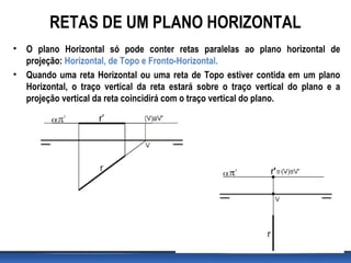 RETAS DE UM PLANO HORIZONTAL
• O plano Horizontal só pode conter retas paralelas ao plano horizontal de
projeção: Horizontal, de Topo e Fronto-Horizontal.
• Quando uma reta Horizontal ou uma reta de Topo estiver contida em um plano
Horizontal, o traço vertical da reta estará sobre o traço vertical do plano e a
projeção vertical da reta coincidirá com o traço vertical do plano.
 