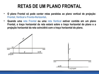 RETAS DE UM PLANO FRONTAL
• O plano Frontal só pode conter retas paralelas ao plano vertical de projeção:
Frontal, Vertical e Fronto-Horizontal.
• Quando uma reta Frontal ou uma reta Vertical estiver contida em um plano
Frontal, o traço horizontal da reta estará sobre o traço horizontal do plano e a
projeção horizontal da reta coincidirá com o traço horizontal do plano.
 