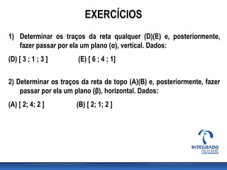 EXERCÍCIOS
1) Determinar os traços da reta qualquer (D)(E) e, posteriormente,
fazer passar por ela um plano (α), vertical. Dados:
(D) [ 3 ; 1 ; 3 ] (E) [ 6 ; 4 ; 1]
2) Determinar os traços da reta de topo (A)(B) e, posteriormente, fazer
passar por ela um plano (β), horizontal. Dados:
(A) [ 2; 4; 2 ] (B) [ 2; 1; 2 ]
 